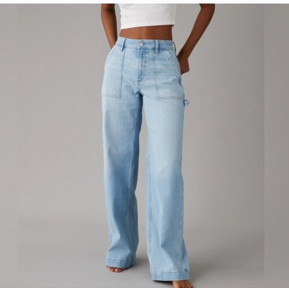 AE Super High Rise Baggy Wide Leg Jeans Size 14 Short Stretch Easy Breezy Blue - Picture 1 of 6